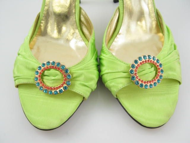 HOLLYWOULD Green Satin Rhinestone Pumps Slides Sz 8.5  