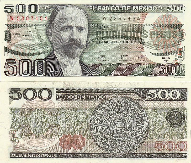 Mexico $ 500 Pesos Francisco I Madero Aug 7, 1984 UNC.  