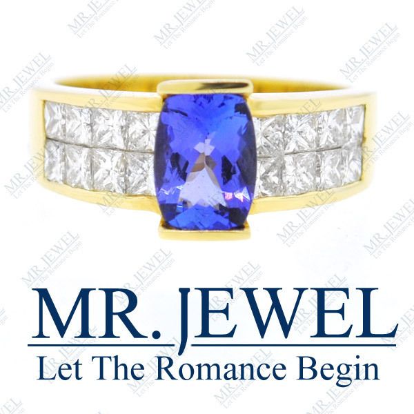 CUSHION TANZANITE AND DIAMOND RING AAA COLOR 3.00 CT  