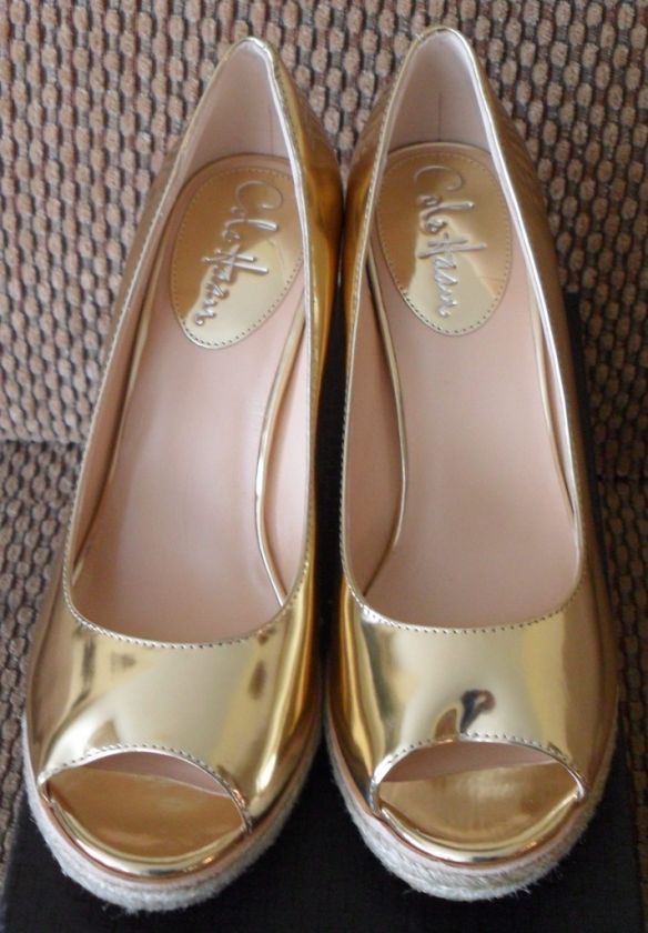 COLE HAAN Nike Jocelyn Gold Leather Wedge Sandals Sz 6.5 & 7.5 $198 