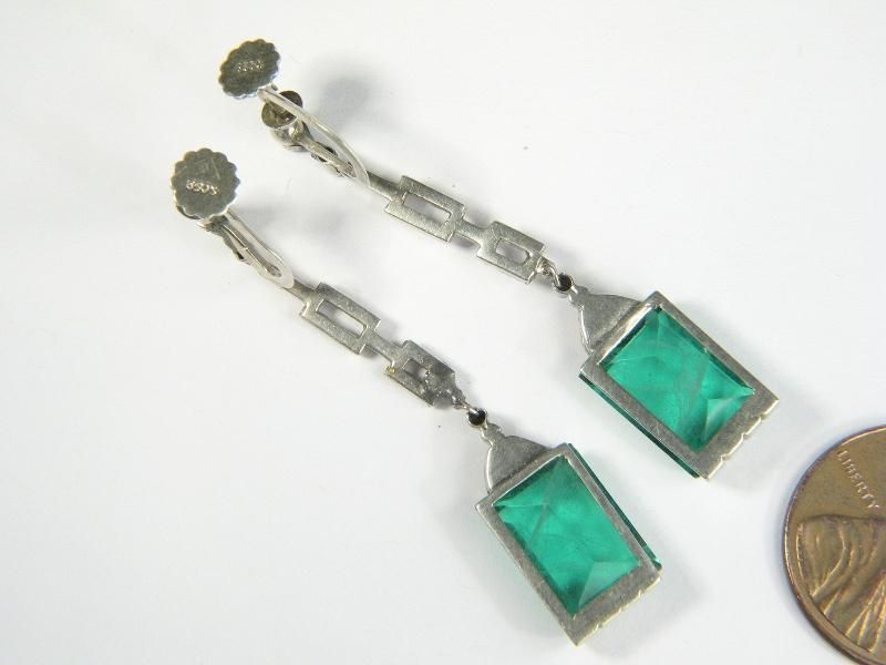   EUROPEAN SILVER MARCASITE EMERALD PASTE ART DECO DROP EARRINGS c1920s