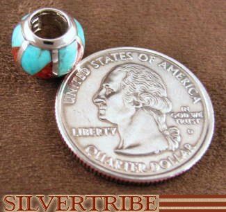 Silver Turquoise & Red Oyster Shell Inlay Bead Pendant  