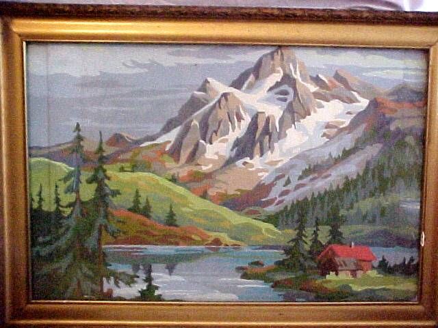 Lovely HOUSE BY LAKE & MOUNTAINS FRAMED PAINTING  
