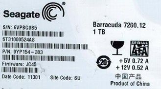 SEAGATE ST31000524AS 1TB P/N 9YP154 303 F/W JC45 SU 715663214816 