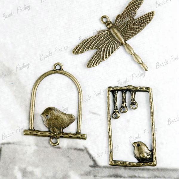   Vintage Style Antique Brass Bird Gragonfly Animal Charms TS6826  