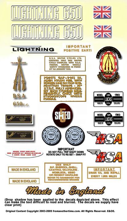 BSA A65 Lightning Decals  All Models 1964 71  FULL SETS  