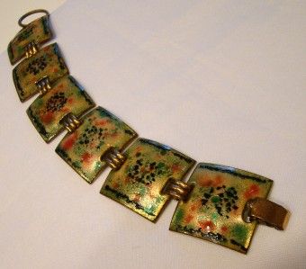 VTG ENAMEL ON COPPER SET, BRACELET & EARRINGS, IMPRESSIONIST FLORAL 