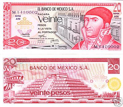 Mexico $ 20 Pesos Morelos July 18,1973. UNC M1410002.  