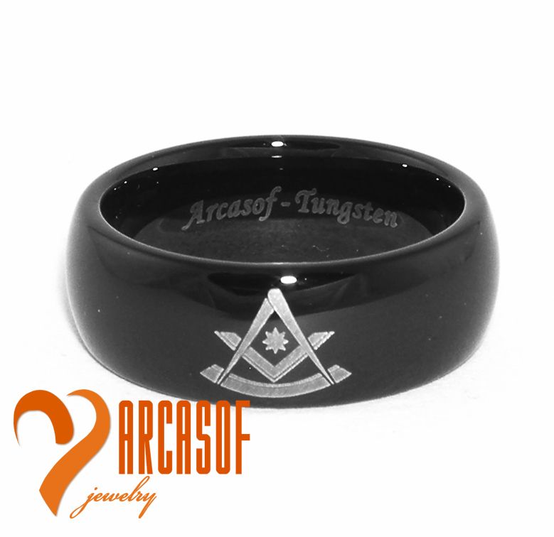 MENS 8MM BLACK TUNGSTEN CARBIDE FREEMASON MASONIC RING  