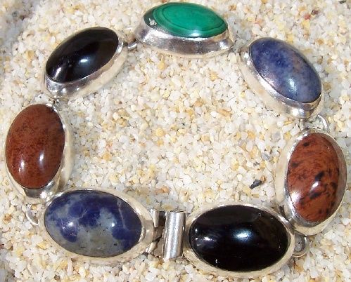 Huge Vintage Taxco Sterling Multi Gemstone Bracelet 46g  