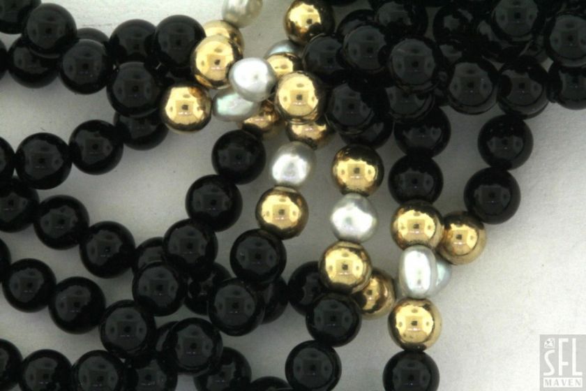   14K GOLD .54CT DIAMOND/3mm PEARL/4mm ONYX BEAD MULTI STRAND NECKLACE