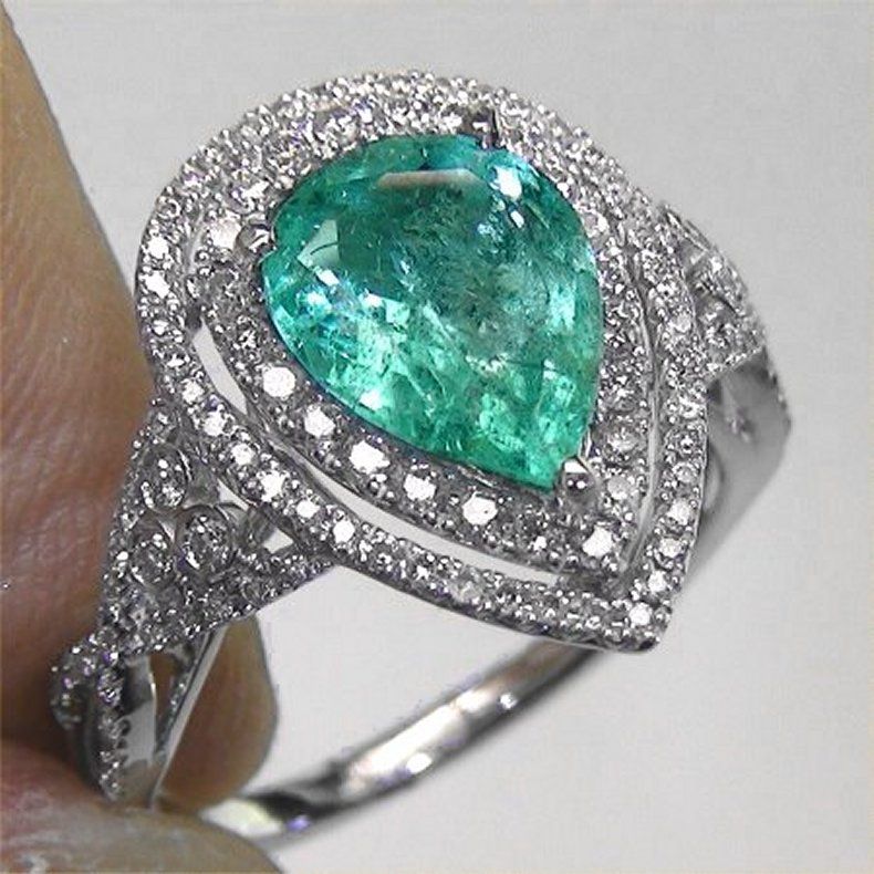   01 Carat Natural Colombian Emerald Diamond Ring 14k White Gold  