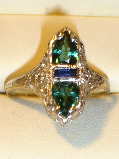 ART DECO 14K W/G TOURMALINE, SAPPHIRE RING 1920  