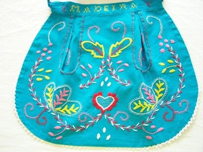 VINTAGE TURQUOISE MADEIRA EMBROIDERED APRON  