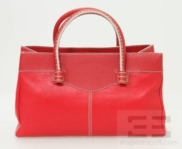 Tods Red Leather & White Topstitched Small Gommini Tote Bag  