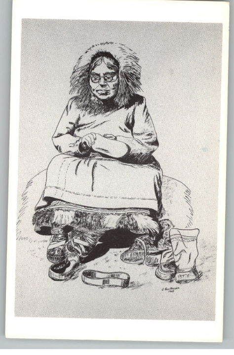 Postcard J Van Hoesen ArtEskimo Making Mukluks Alaska  