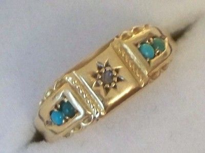 ANTIQUE CHESTER 18CT GOLD TURQUOISE DIAMOND LADIES RING  