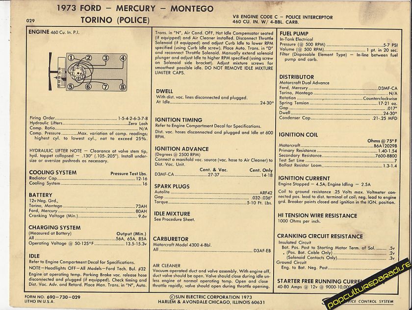   MERCURY MONTEGO/TORINO (POLICE) 460 V8 Car SUN ELECTRONIC SPEC SHEET