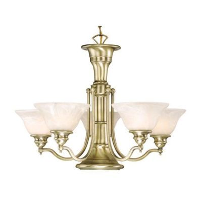 NEW 5 Light Chandelier Lighting Fixture, Antique Brass, White 