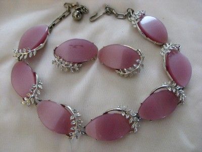 VINTAGE PINK MOONSTONE DEMI PARURE NECKLACE EARRINGS SILVERTONE  