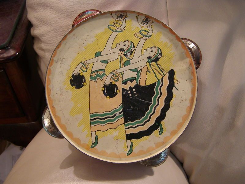 ANTIQUE VINTAGE ART DECO LADIES TIN TAMBOURINE TOY  