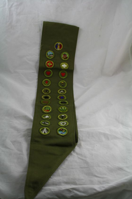 1950S VINTAGE BOYSCOUT SASH 23 MERIT BADGES PATCHES  