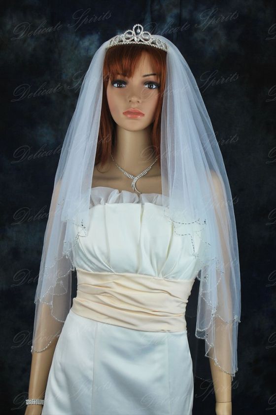 2T White Hand Beaded Rhinestone Finger Tip Wedding Veil  