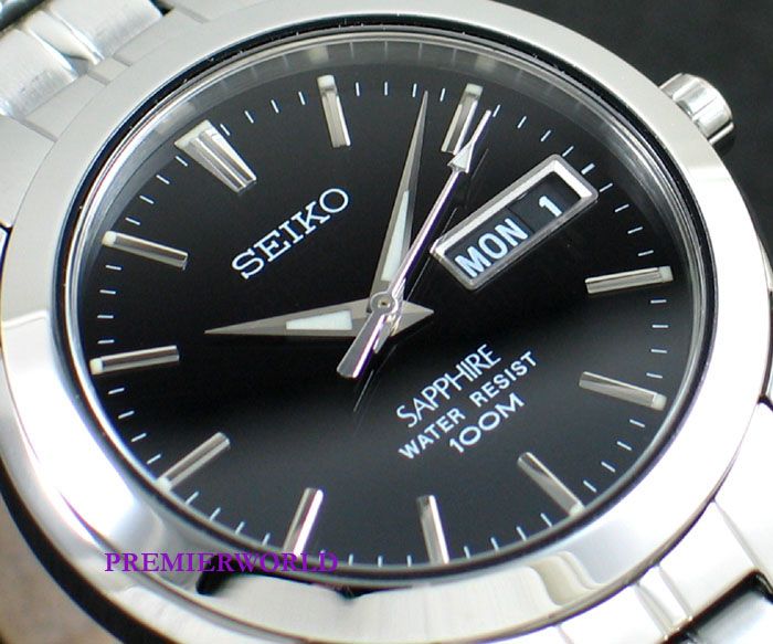 SEIKO MENS SAPPHIRE BLACK DAY/DATE 100M SS WATCH SGG715  