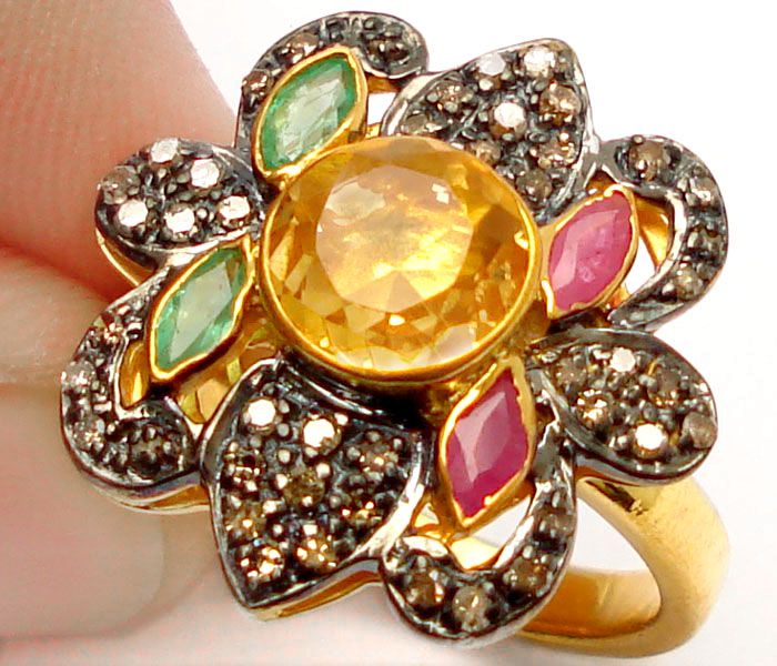 CITRINE RUBY EMERALD DIAMOND ESTATE VICTORIAN RING  