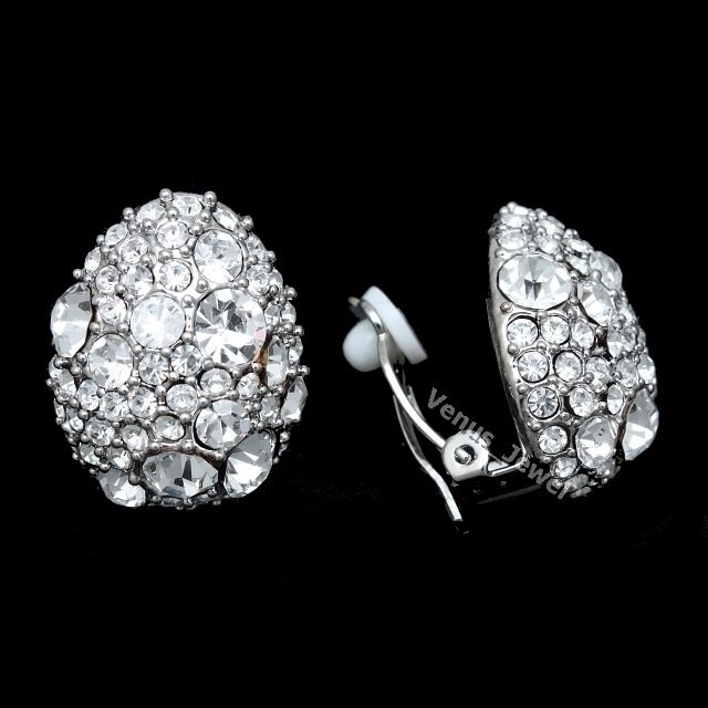 Oval Shield Clip on Crystal Rhinestone Earring VE509  