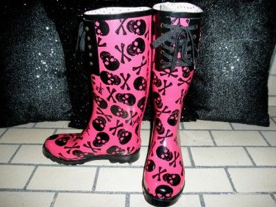   Johnson SUGAR PINK SKULL CORSET Rain Snow Garden Biker Shoes BOOTS 7