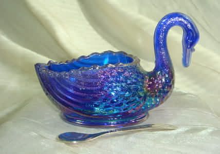 This lovely Cobalt Blue Glass Swan Salt Cellar is 3 7/8 long, 2 3/8 