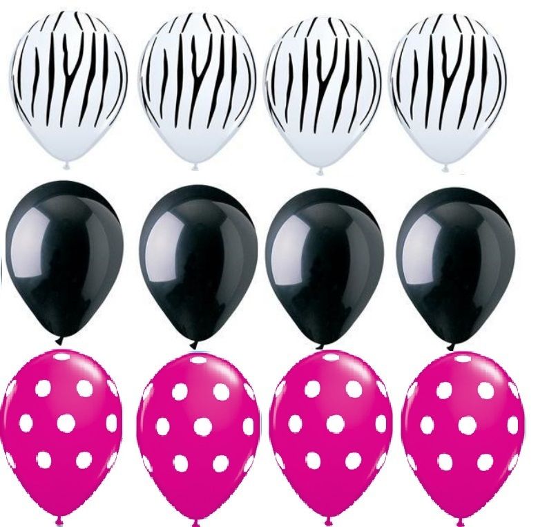 ZEBRA Stripes PRINT Wild Berry Pink Dots 12 Piece Latex Helium Party 