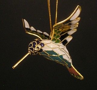 CLOISONNE HUMMINGBIRD BIRD HANGING ORNAMENT White Blk  