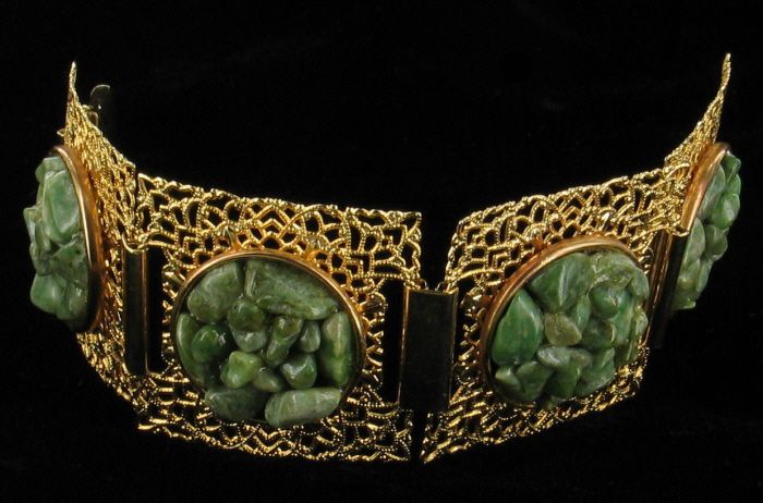   SWOBODA GLIT FILIGREE JADE CHUNK CHIPS HUGE LINK BRACELET  