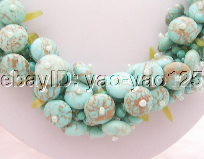 Charming 5Strds Turquoise&Olive Jade Necklace  