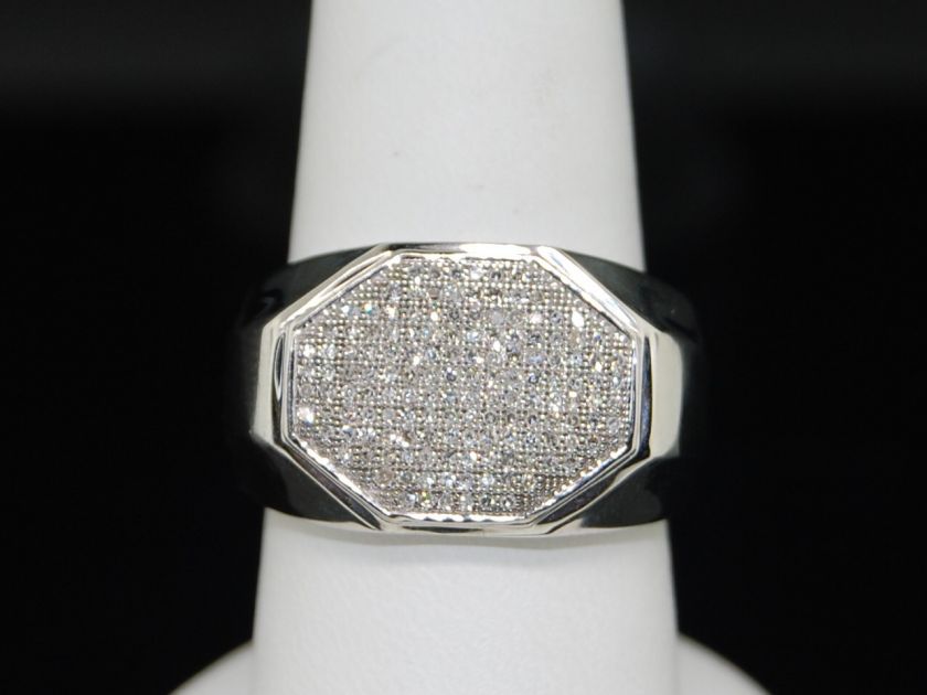 MENS 10K WHITE GOLD PAVE DIAMOND OCTAGON PINKY RING  