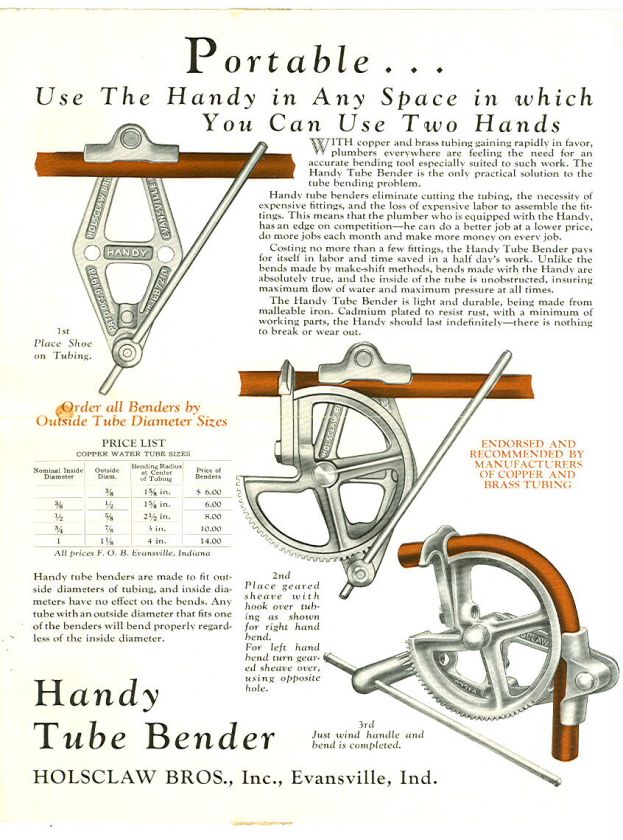 EARLY BROCHURE HOLSCLAW BROS Plumbing HANDY TUBE BENDER  