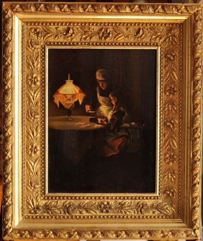 Antique Oil Painting Interior Scene w 2 figures by Kerosene Lamp 1890 