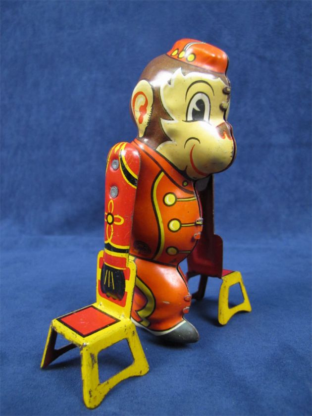 Vintage Marx Tin Wind Up Tumbling Monkey On Two Chairs  