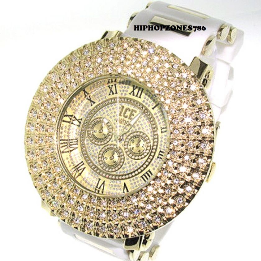   ROW WATCH WHITE W.GOLD/CLEAR SIMULATED DIAMOND BEZEL WATCH  